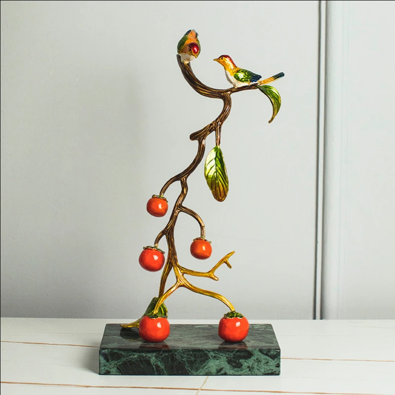 Metal Handicraft Persimmon Tree Artificial Plant Sculpture Bird Ornament Decorative Figurines Home Decoration Accessories