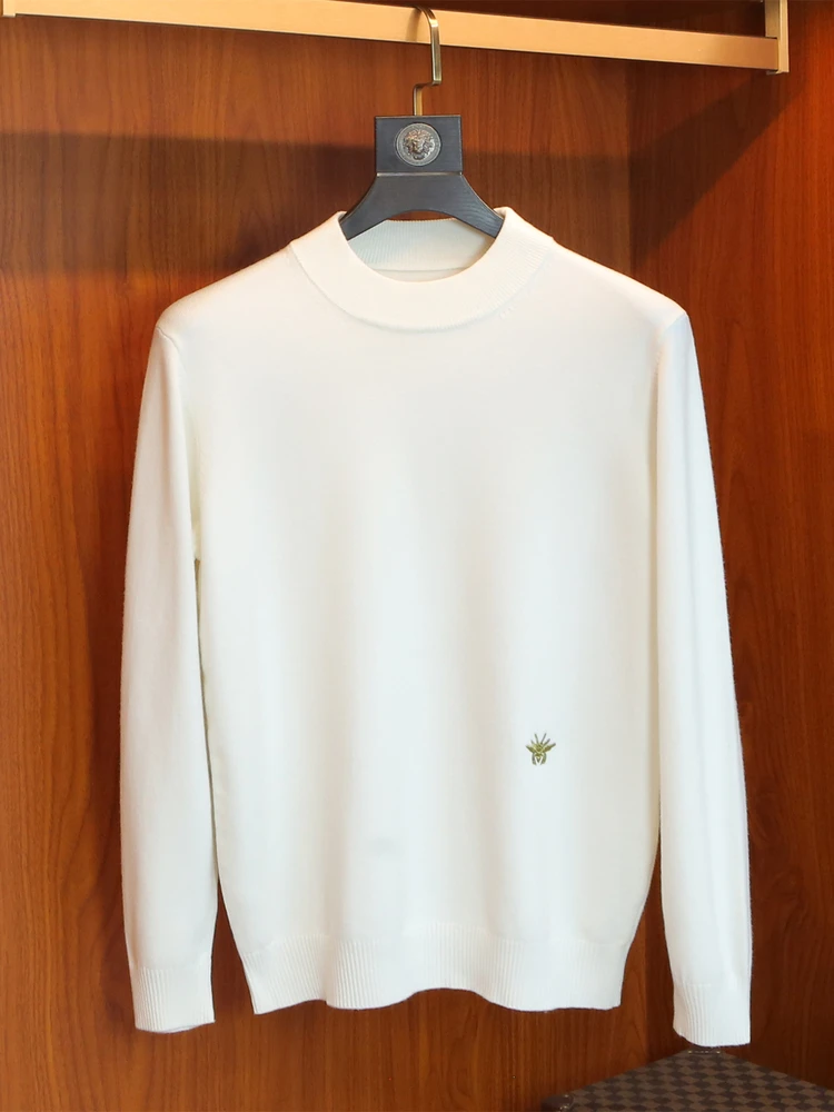 

Autumn Winter Thiened High Collar Men's Knitted Sweater Embroidered Bee Design Wool Blend Slim Fit Base Layer irt