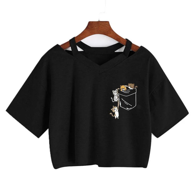Kawaii Taschen-Cartoon-Katzen-Print T-Shirt Lustiges Damen Sommer Süßes Crop-Top Sexy Y2k Crop-Top Kleidung