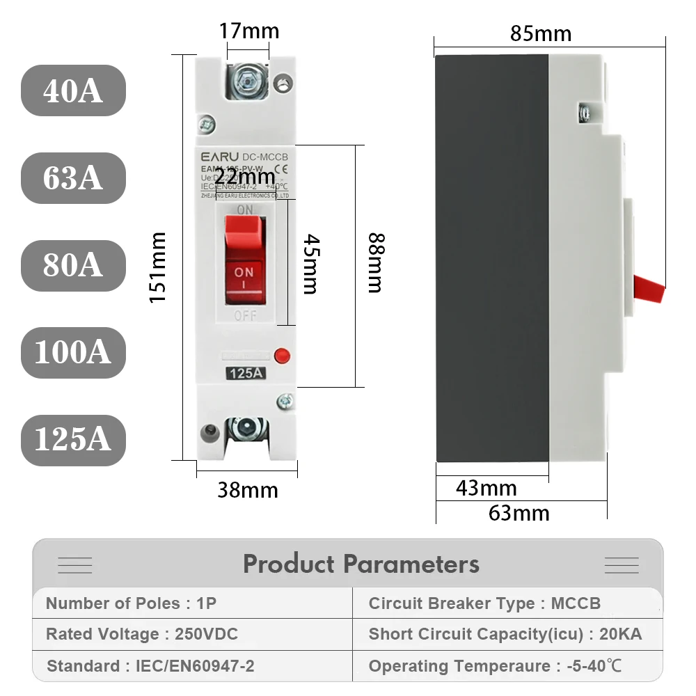 Solar Photovoltaic PV DC 250V 500V Molded Case Circuit Breaker 100A 125A Overload Protection Switch for DC Electrical Systems