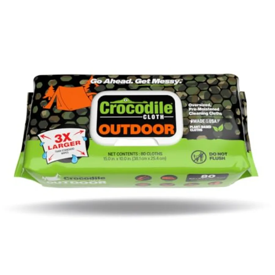 

Crocodile Cloth Outdoor Cleaning Wipes, Plant-Based Multi-Surface Wipes, Pre-Moistened, Aloe and Vitamin E, Safe on Skin,,15 x
