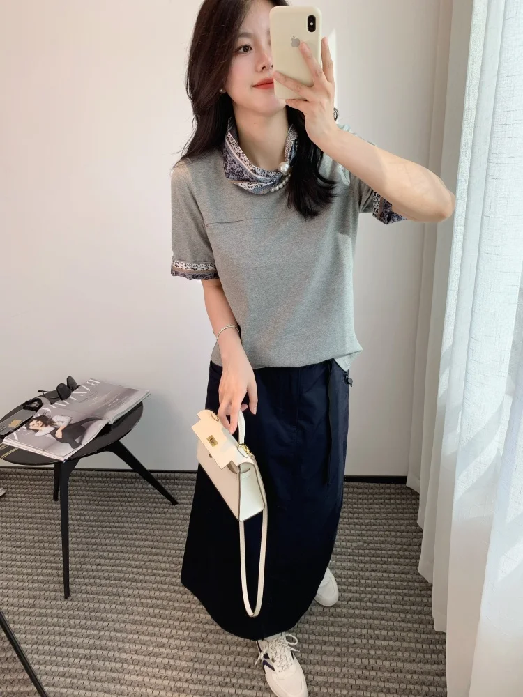 

Летний повседневный комплект: футболка из чистого хлопка с коротким рукавом и жемчужным шарфом, свободный женский топ, модный дизайн от Thoey Chen