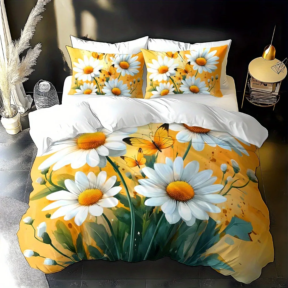 Daisy Butterfly Bedding Set Yellow Watercolor Floral Duvet Cover Set Soft Microfiber Quilt CoverPillowcase Home Textile Bedroom