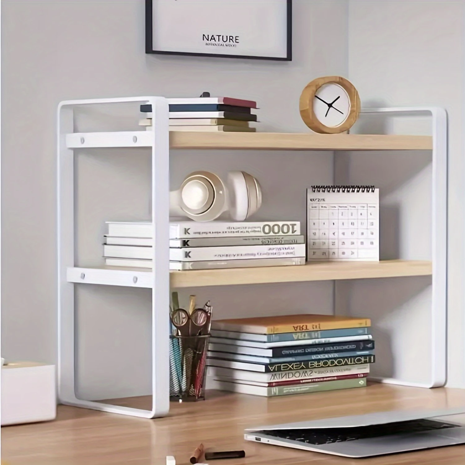 

1pc Wooden Desktop Bookshelf - Adjustable Height, Tiered, Multi-Layer, Stationery Holder, Computer Racks, Office Accessories, S