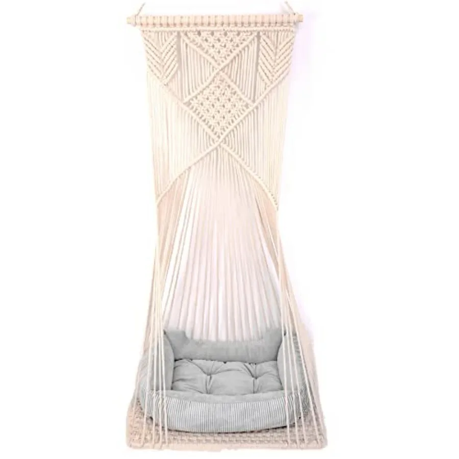 

Macrame Hanging Bed Cat Swing House Space Saving Window Perch with Washed Cotton Cats Toy Tasse Basket Tapestry,Swing Bed+Cushi