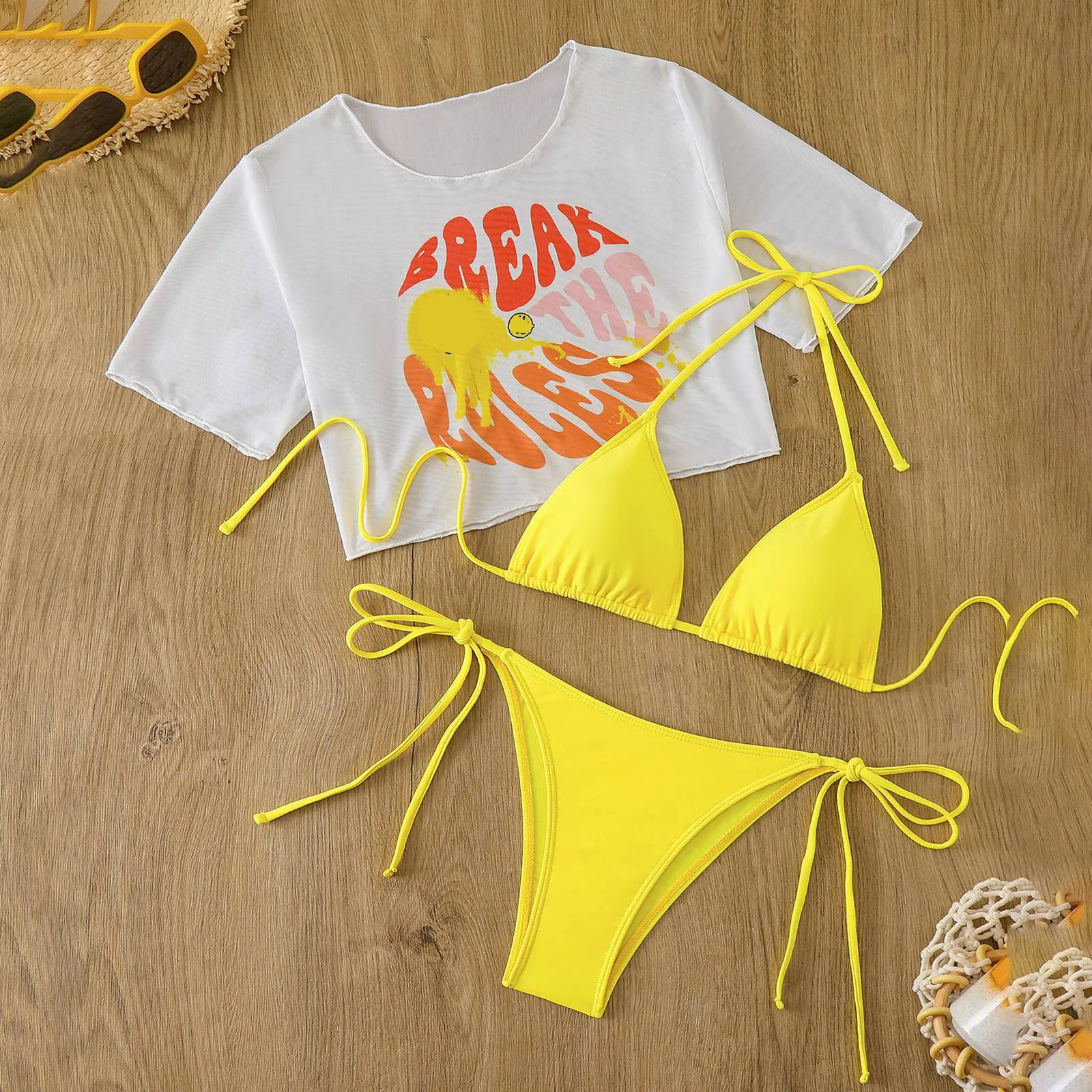 

Three Piece Bikini Set New Women Halter Bikini Swimsuit Pit Stripe Fabric Hanging Neck Lace Up Sexy Backless Summer Beach Suit