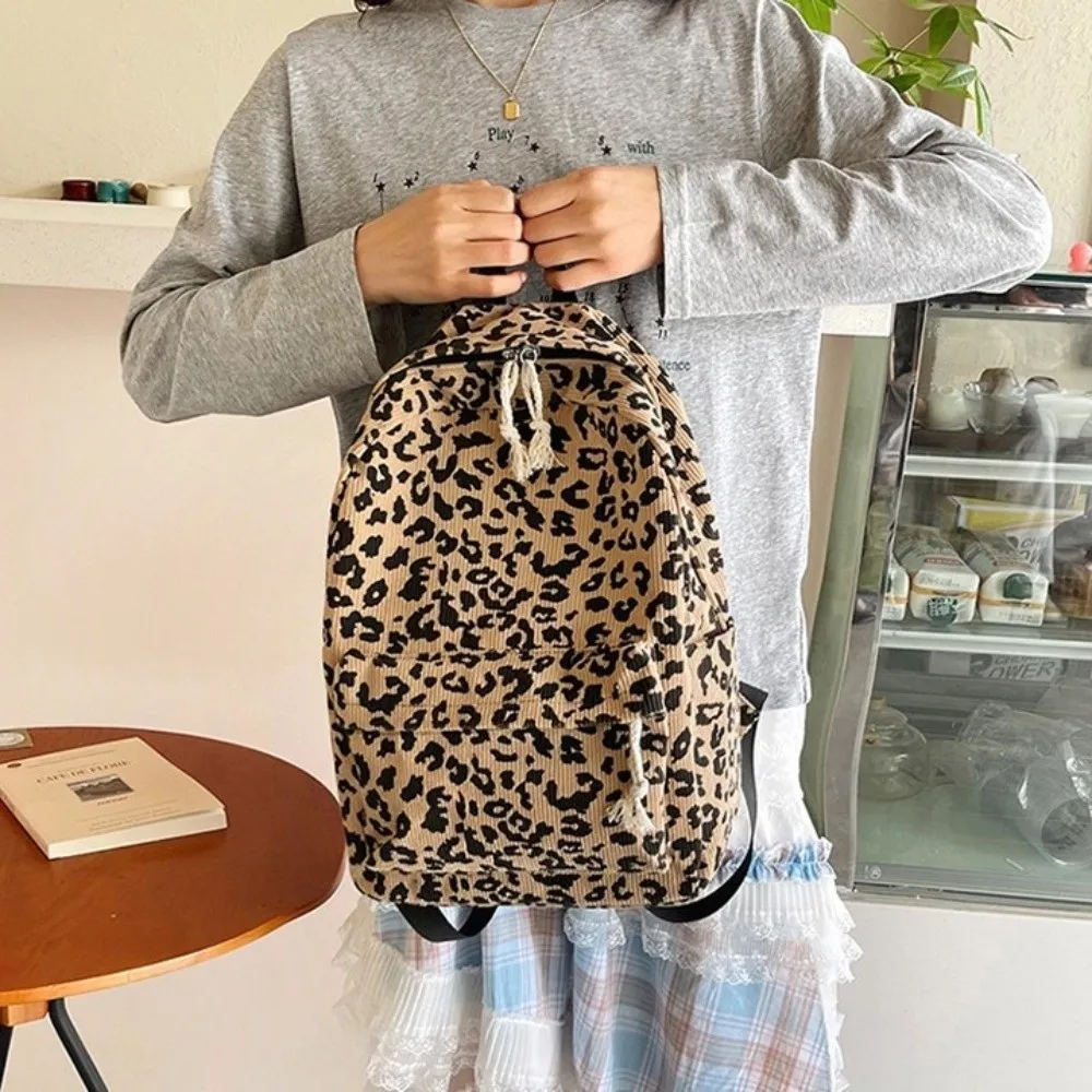 Fashion Corduroy Leopard Print Backpack Harajuku Ulzzang Students School Bag College Style Lightweight Students Daypack Work