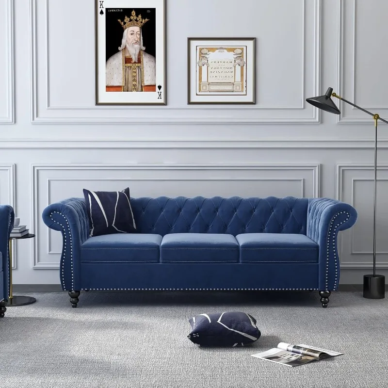 

Chesterfield Sofa Velvet, Modern Tufted Couch 3 Seater with Rolled Arms and Nailhead for Living Room, Bedroom,