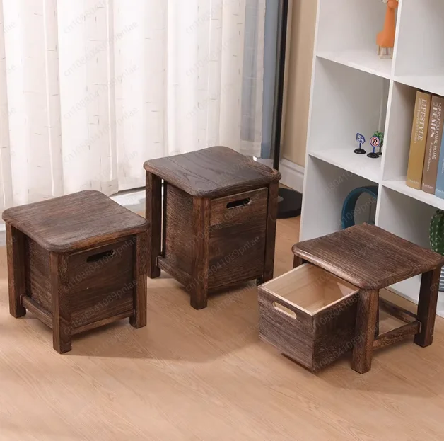 With Drawers, Low Stool Storage Multi-function, Solid Wood Tenon and Mortise Storage Stool, Nordic Japanese Shoe Changing Stool