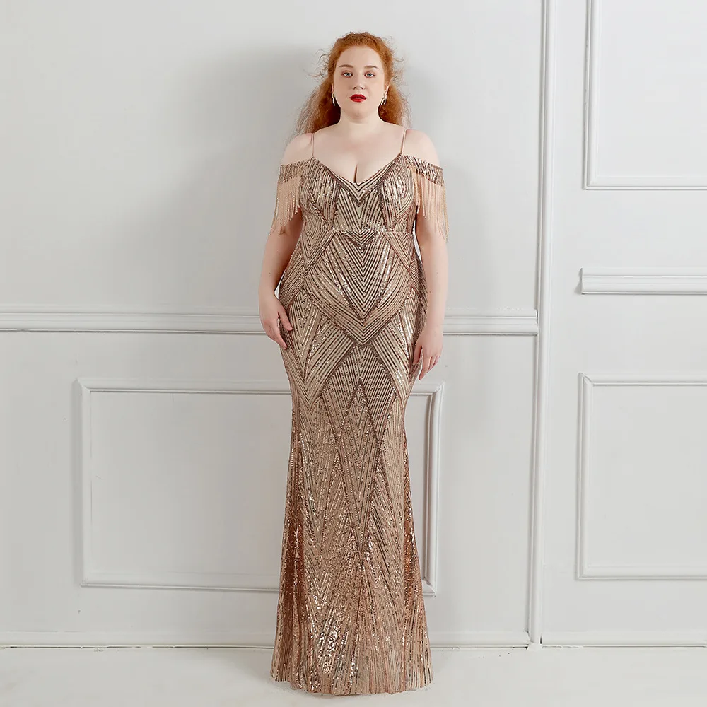 

Gold Mermaid Plus Size Evening Dress Long Sequined Spaghetti Straps Sexy Women Wedding Party Gowns Robe De Soiree In Stock