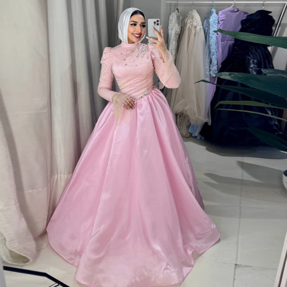 

Розовые вечерние платья Mulsim по индивидуальному заказу, 2025 г., вечернее платье с высоким воротом и длинными рукавами, исламское платье с поясом и кристаллами