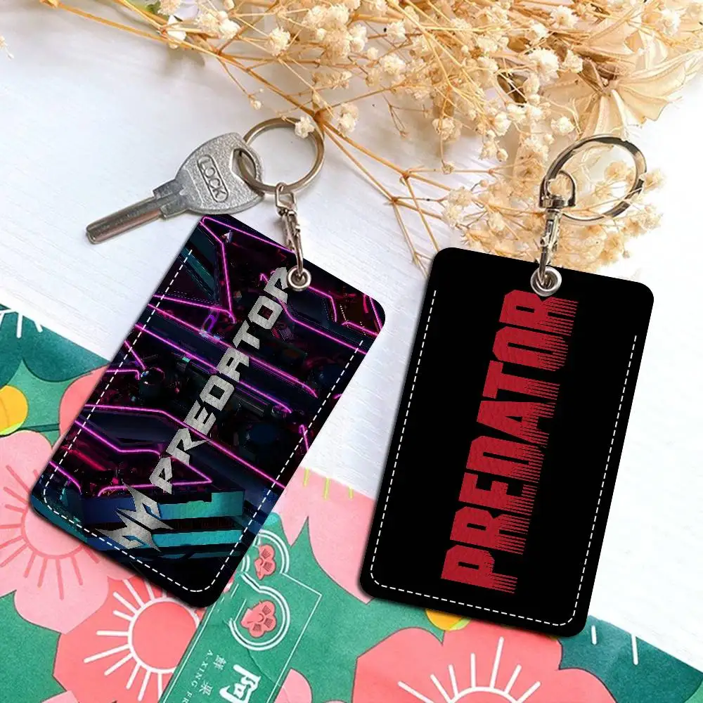 P-Predator Rectangle ID Card Case Keychain Access Card Bag Key Tag Ring Leather Card Holder Key Ring Access