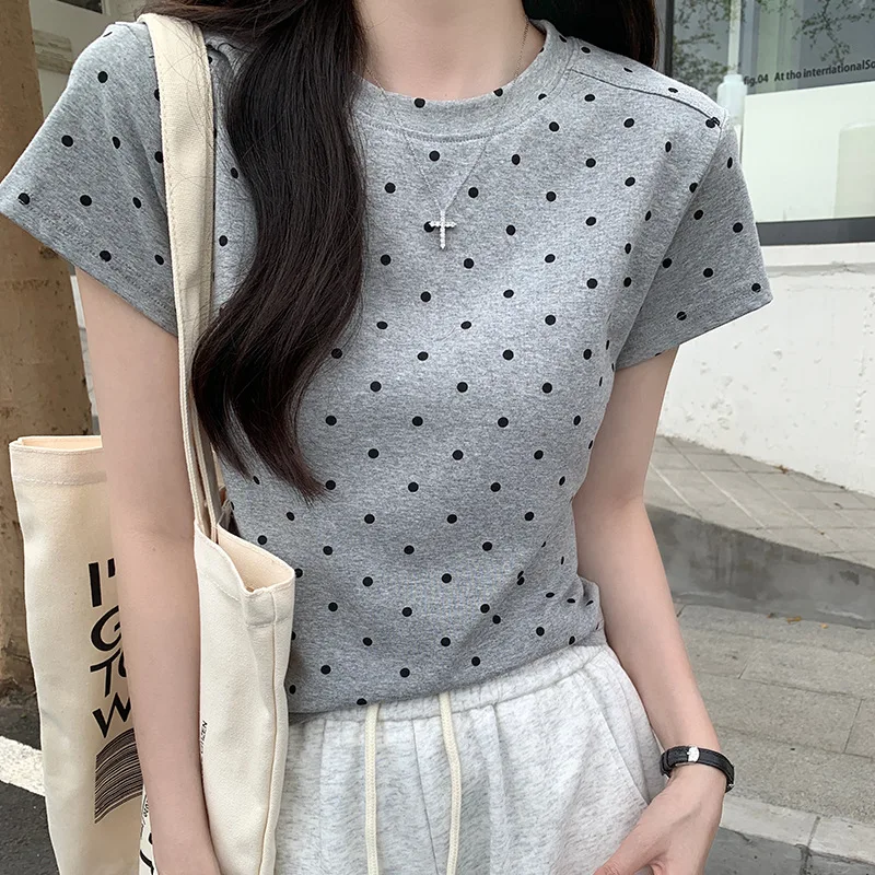 

Yapher Women's Casual Sweet Polka Dot Short Sleeve T-Shirt Summer Slim Fit Tee Round Neck Cropped Versatile Street Female's Top
