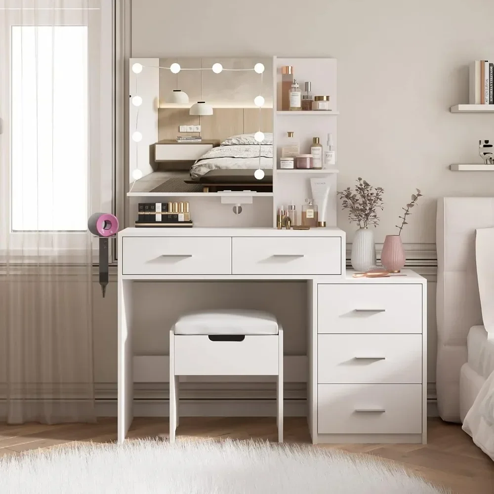 Dressing table with mirror and 10 LED lights and charging station, white dressing table with metal silver handle