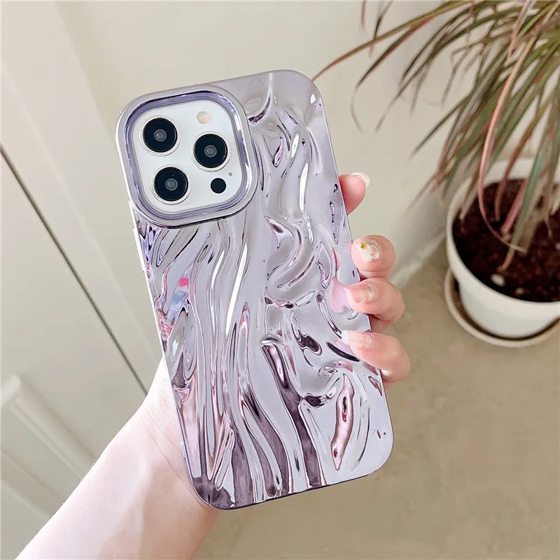 Lovebay Fashion Solid Color Wrinkle Electroplate Phone Case for iPhone11 12 13 Pro Max 14 Plus Soft Bumper Shockproof Back Cover