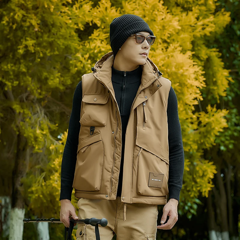 

Мужской уличный рабочий жилет с капюшоном, многокарманный, ветрозащитный, повседневный, приталенный, из полиэфирного волокна