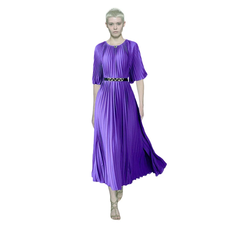 

Women Long Dresses 2023 High Quality Fashion Runway O-Neck Short Sleeves Solid Beading Pleated Maxi Party Dress NP1985C