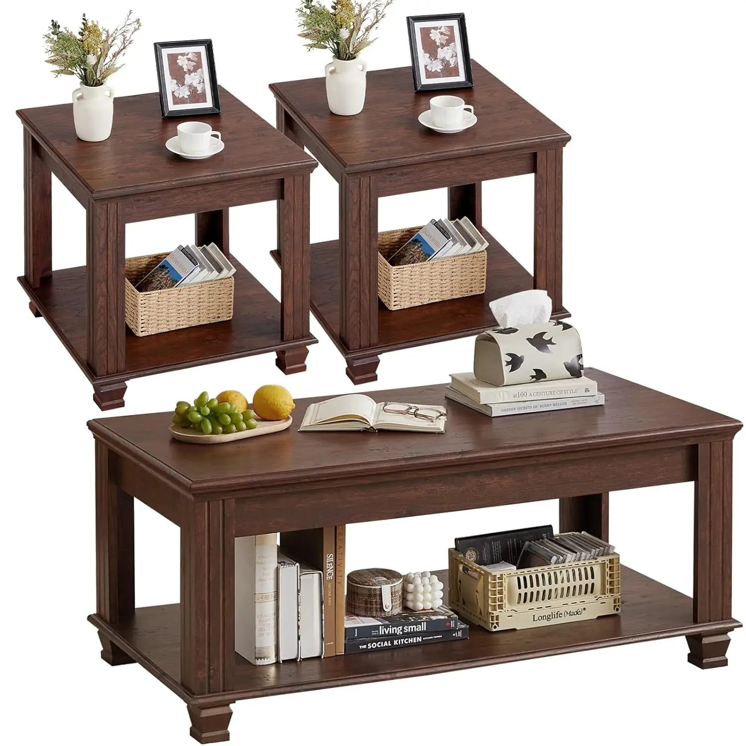 

Rustic Wooden Coffee Table Set 3 Piece Open Shelf Storage Living Room Walnut, Customized