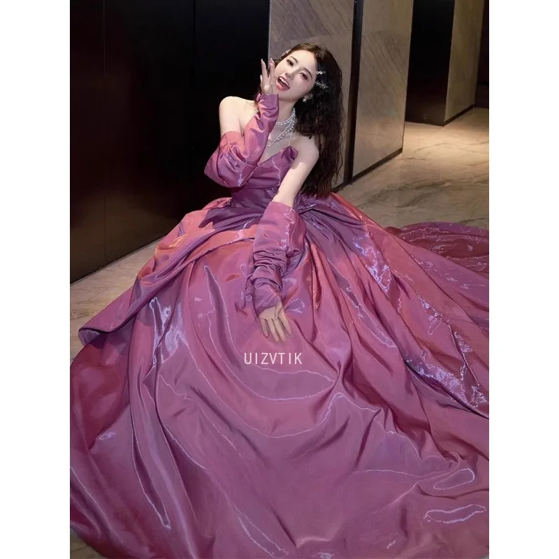 

Elegant Pink Off The Shoulder Long Party Dress Women Satin Strapless Wedding Dresses A Line Sweep Train Cocktail Evening Dress