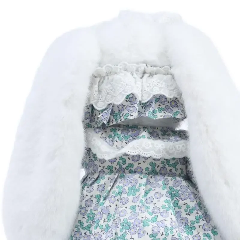 دمية محشوة على شكل أرنب من القطيفة على شكل حيوان مع فستان جميل على شكل زهرة من القطن، دمية مريحة لهدية استحمام الطفل 15UB