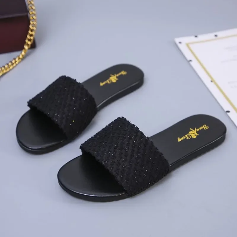 Comemore Sommer Damen Flache Sandalen Plus Größe 42 43 2024 Damen Outdoor Pailletten Offene Spitze Komfort Casual Hausschuhe Slides für Damen