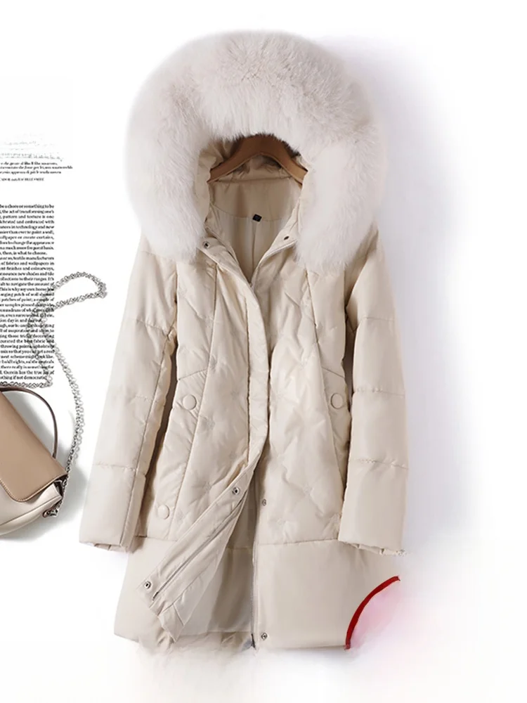   Ning 本革ダウンジャケット レディース ミッドレングス シープスキン ウィンターコート ファートリム フード付き ロングスリーブ スリムフィット