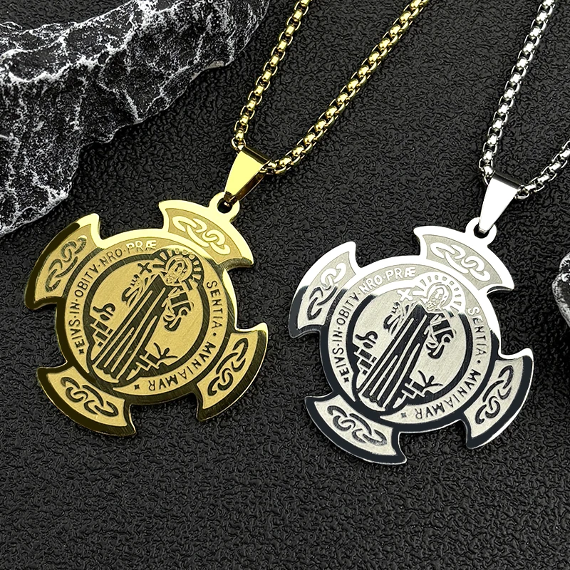 Catholic Saint Benedict Medal Stainless Steel Cross Necklace for Women Men Gold Color Chain Amulet Jewelry Gift san benito - view 2