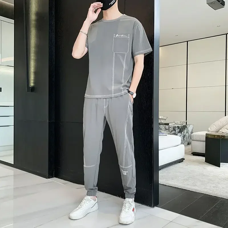 

Men's Clothing Sweatpants T Shirt Man Kpop Pants Sets Gym Tracksuit Black Sports Suits Jogging Top Short Quarter Sleeve Outdoor