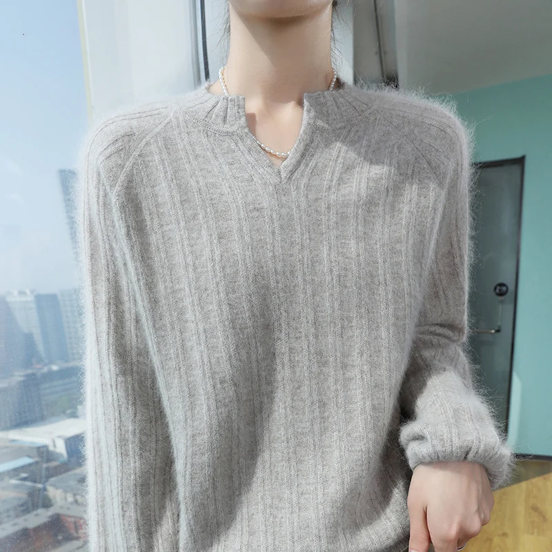 Autumn Winter 100% Mink Cashmere Sweater Women New Solid Color Long Sleeve  V-Neck Pullover Knitted Outerwear Leisure Style Tops