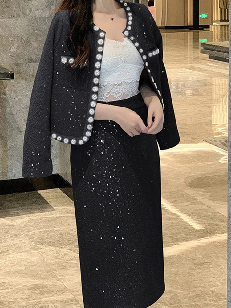 UCXQ Fashion Elegant Sets Temperament Office Lady Beading O Neck Sequin Jacket Skirt Two-piece Set Women 2024 Spring Autumn 2145