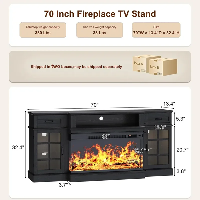 70 Fireplace TV Stand 3-Sided Glass Fireplace and Modern Entertainment Center Wooden Media Console with Glass Doors Storage