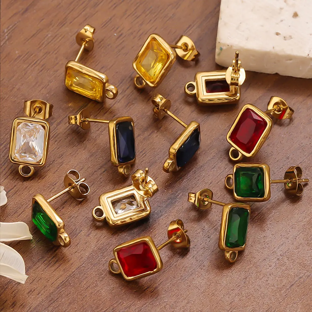 Image of 4 Stück Edelstahl Goldfarben Quadratische Kristall-Zirkon-Ohrring-Herstellungszubehör Haken Verbinder für DIY Schmuckherstellung