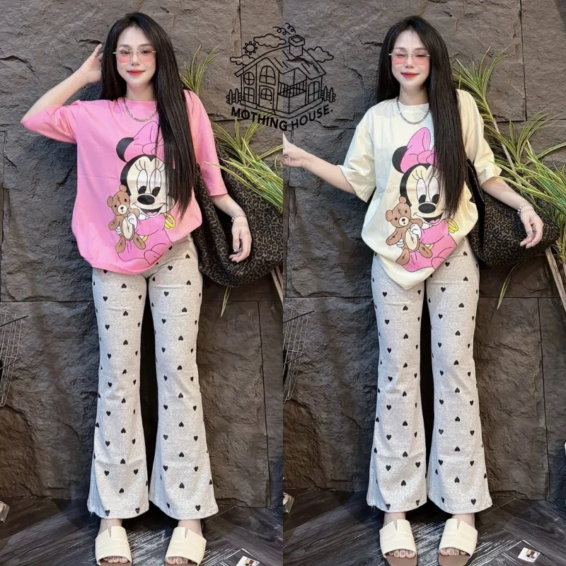 

Summer 2-Piece Outfit - Cartoon Minnie Printed Slim Short Sleeve & Wide Leg Pants Age-Reducing & Figure-Flattering Casual Set
