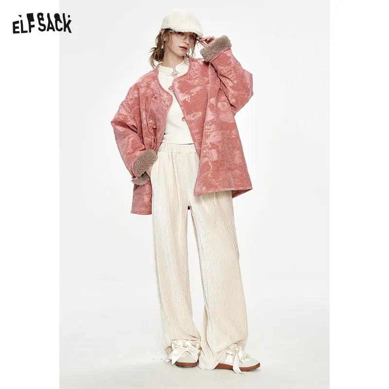 ELFSACK 2024 Winter New Arrivals Christmas Red Velvet High Waist Wide Leg Casual Pants Women