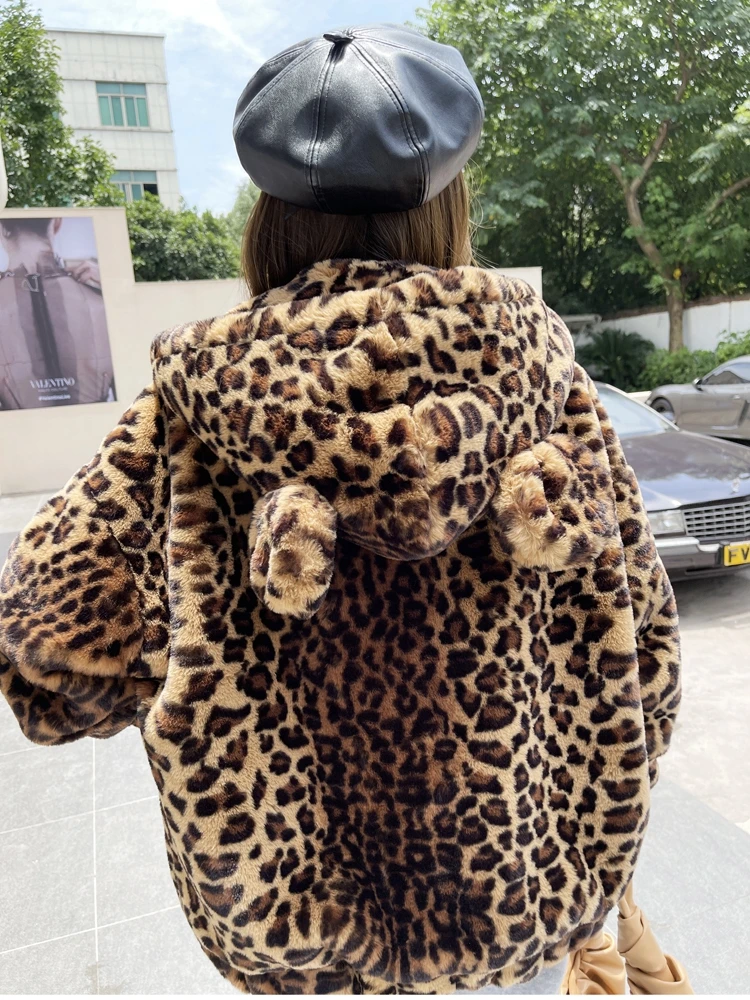 Female Cute Bear Ears Hooded Faux Fur Coat Fashion Leopard Print Jacket Lady Outerwear Women's Winter Coats Factory Direct Sales