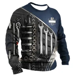 Men's long sleeved T-shirt, 3D mechanical printed top, vintage autumn T-shirt, casual sportswear