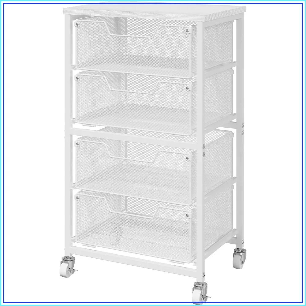 

4-Drawer Rolling Storage Cart, Utility Cart with Drawers, White Metal Organizer with Wheels & Wooden Top, for Office, Kitchen, Classroom