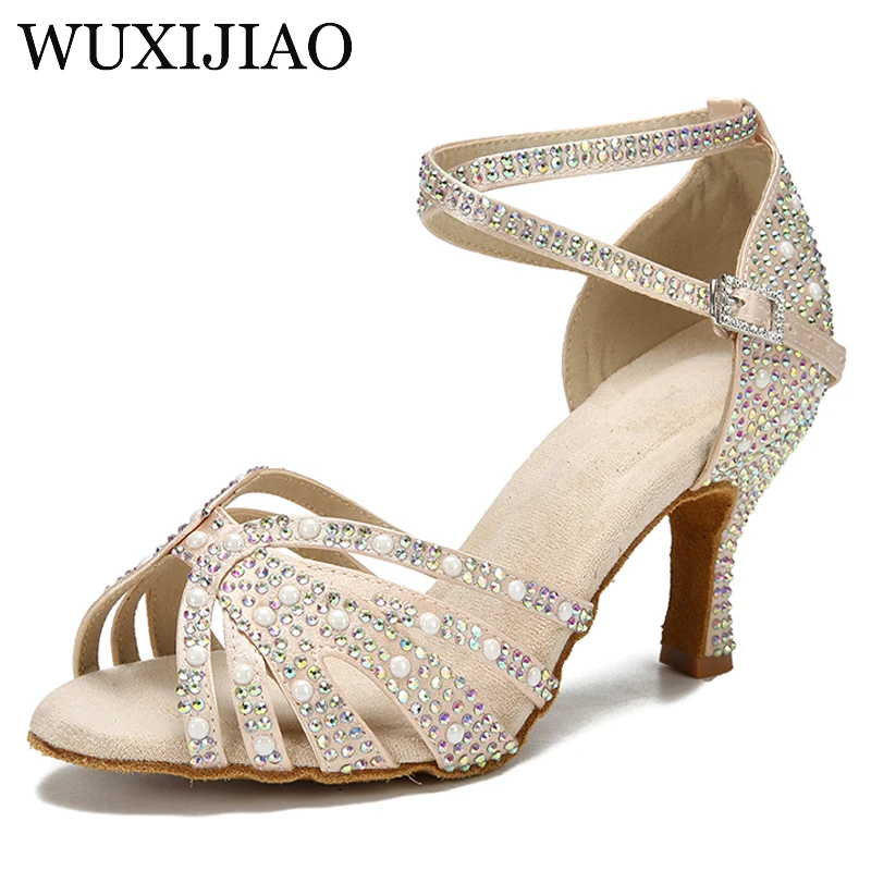 WUXIJIAO Women Shoes Latin Dance Shoes Jazz Dance Shoes Tango Waltz Wedding Dancing Shoes Cross strap Skin High Heels