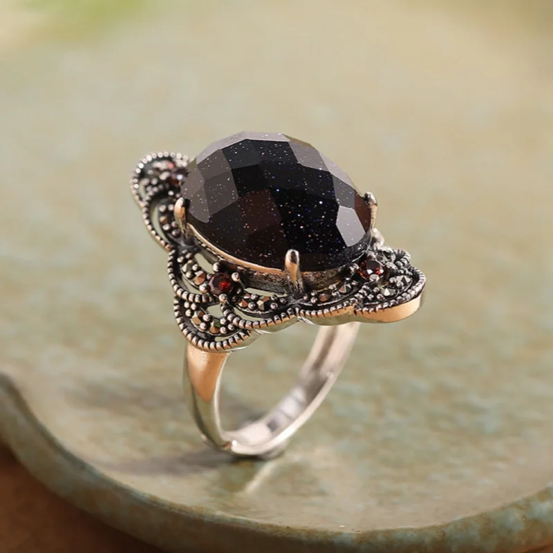 Genuine S925 Sterling Silver Charms Rings for Women New Fashion Hollow Flowers Inlaid Sandstone Marcasite Jewelry Wholesale