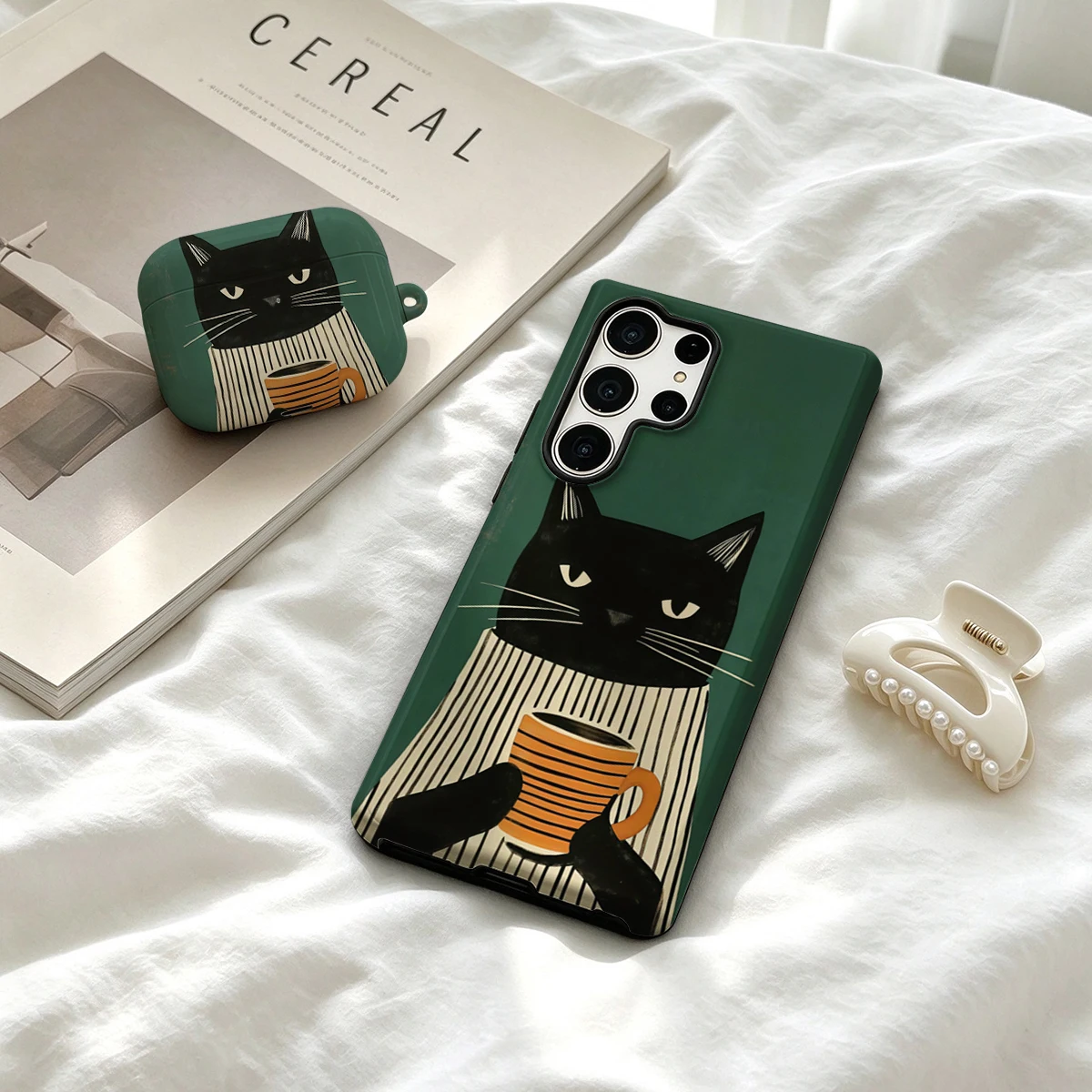 Striped shirt coffee cat Phone Case For Samsung Galaxy S26 S25 Ultra S24 S23 Ultra Plus Shockproof Double Layer Tough Back Cover