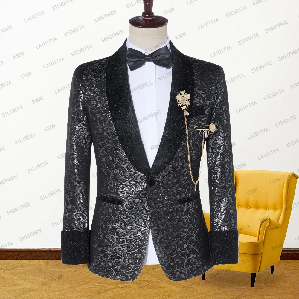 

2023 New Fashion Shiny Black Jacquard Men Suit Velvet Lapel Casual Business Groom Wedding Gentlemen Dress Jacket Blazer Coat