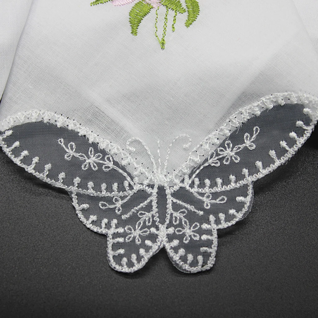 5Pcs/Set 11x11 Inch Womens Cotton Square Handkerchiefs Floral Embroidered with for Butterfly Lace Corner Pocket Hanky