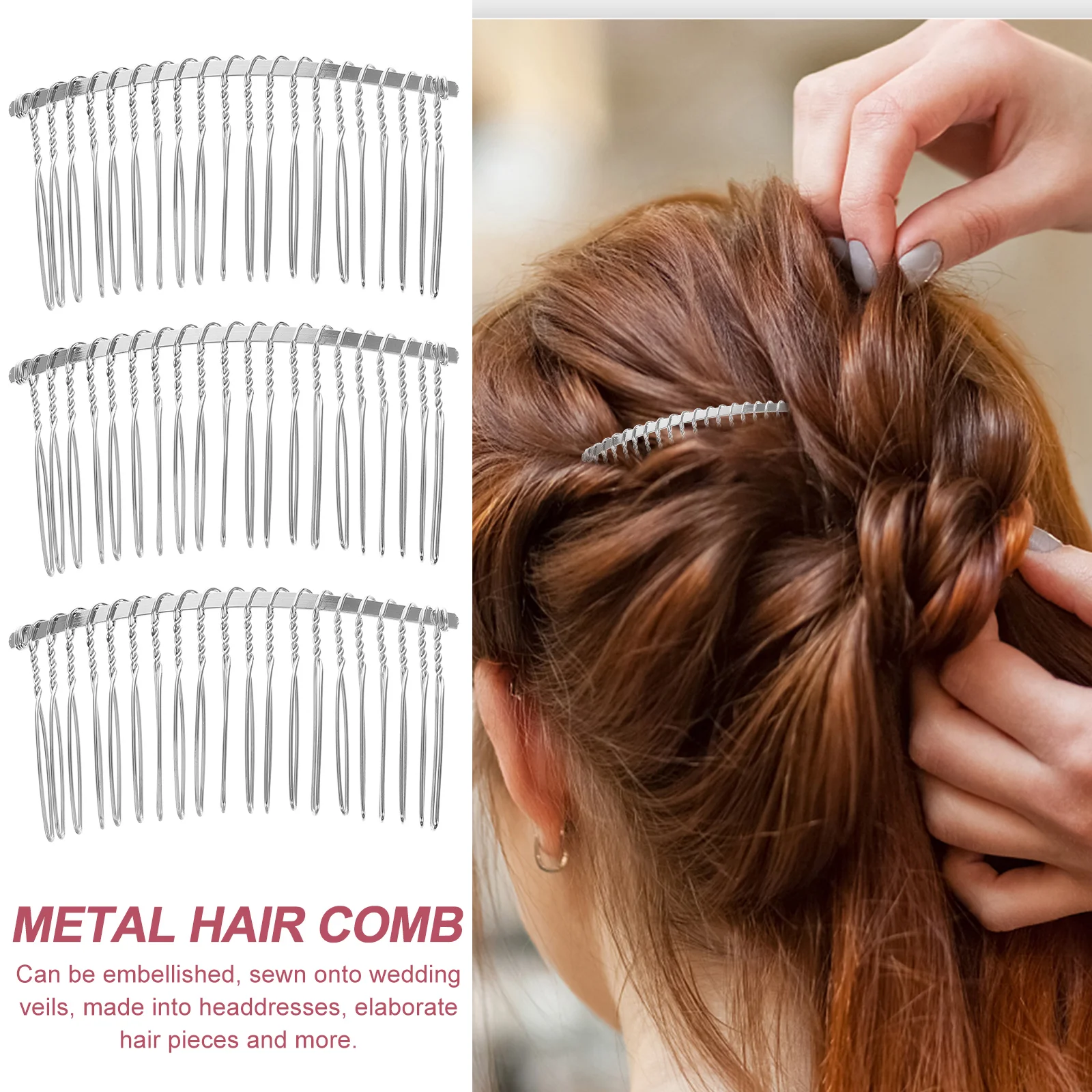 

3pcs 78cm 20 Teeth Fancy DIY Metal Wire Hair Clip Combs Bridal Wedding Veil Combs (Silver) Metal hair comb