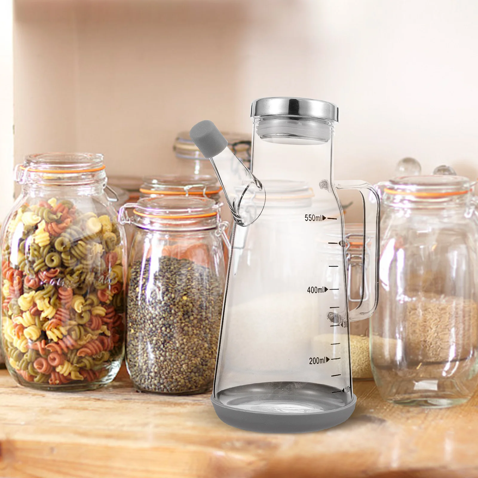 

Stainless Steel Oil Bottle Multipurpose Glass Seasoning Container with Handle and Scale Practical Kitchen Condiment Pot for Home