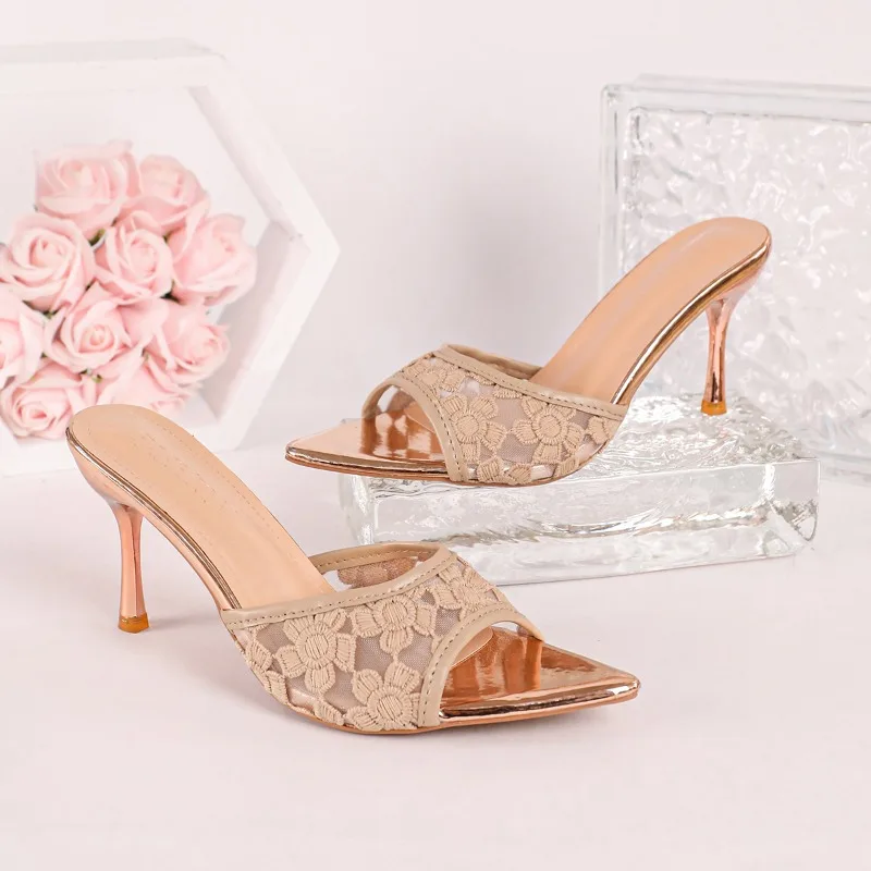 Bankett-High-Heel-Pantoletten für Damen 2026 Sommer Neu Mesh Bestickte Spitze Stiletto-Sandalen