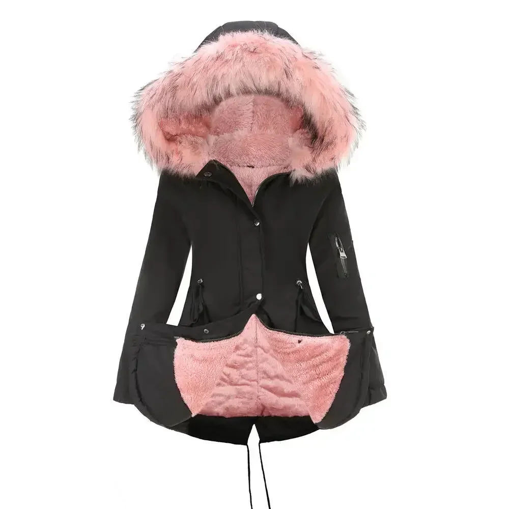 Mulheres inverno quente pele com capuz jaqueta casaco parka bolsos com zíper manga longa moda casual cordão parka