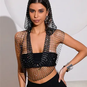 Sweater without backward -back V -neck, see through net, hollow tank top, crop top, crop top rave festival, shiny rhinestones, sexy Main Main Sales Rhinestrodes - №10