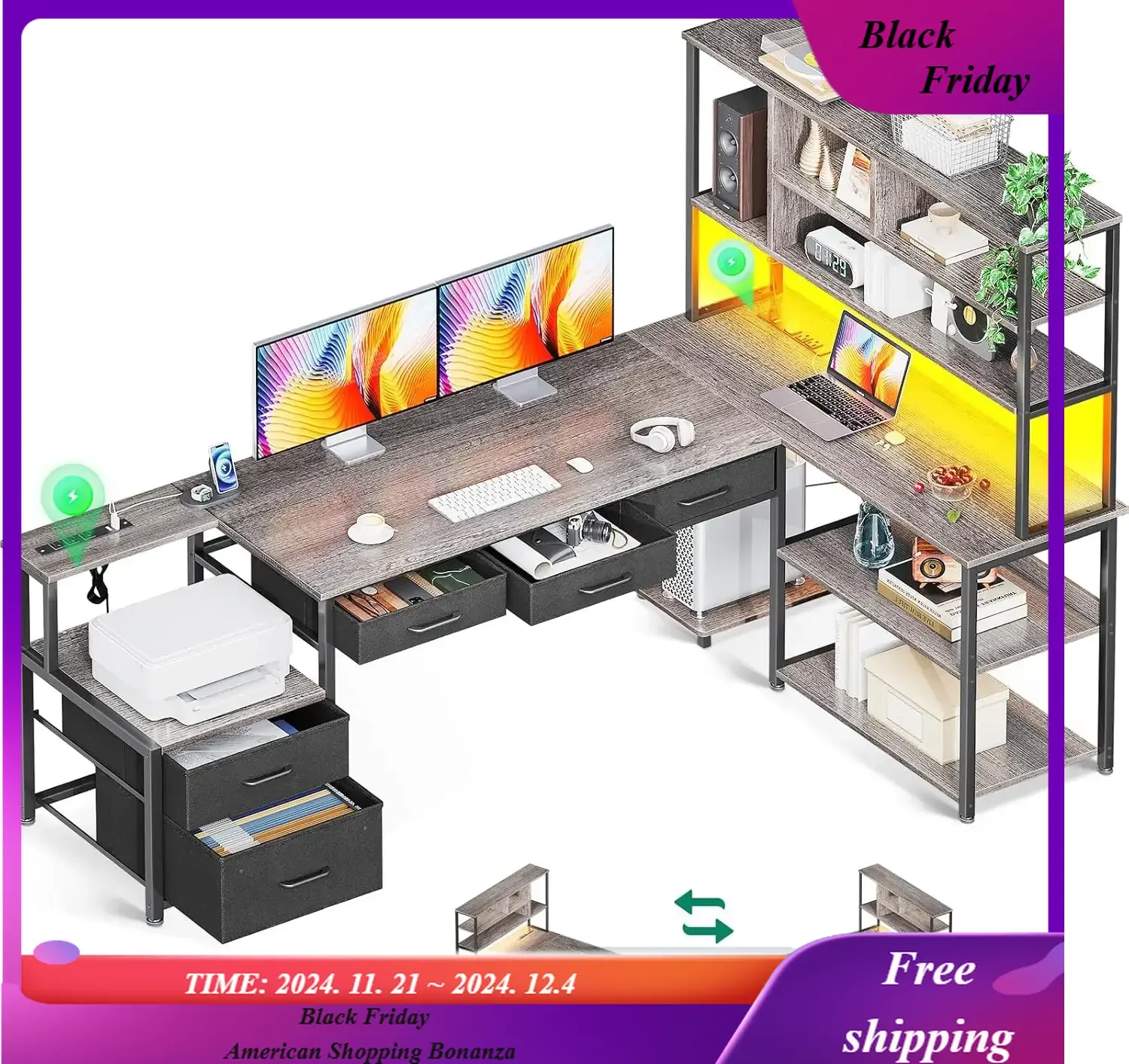 Shaped Desk with File Drawers, Reversible L Shaped Gaming Desk with Power Outlets & LED Lights, Computer Desk