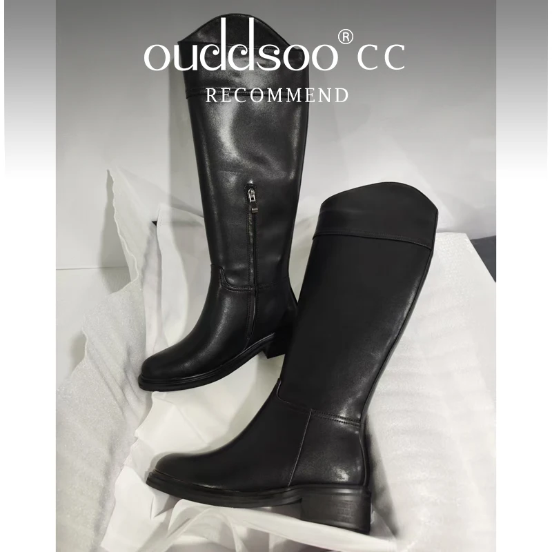Ods Leather Knee-High Boots Cowboy Collar Design Flat Sole Round Toe Elastic Panel Fashion Casual Daily Autumn Winter Trendy 45