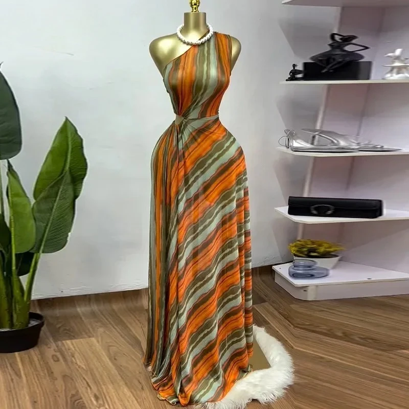 

2025 Striped Print Party Maxi Dress Women Elegant One Shoulder Sleeveless Hollow Out A-line Club Long Dresses Vestidos Largos